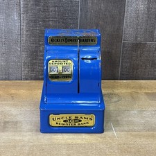 Vintage Uncle Sam's 3 Coin Register Bank Blue Metal Western Stamping Japan Repai picture