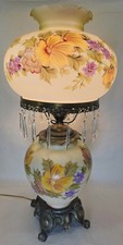 Vintage Hand painted Roses Flowers Hurricane  GWTW Lamp Crystals Prisms 3 Way picture