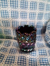 Smith Carnival Glass Toothpick Holder Daisy Button Amethyst Iridescence Vintage picture