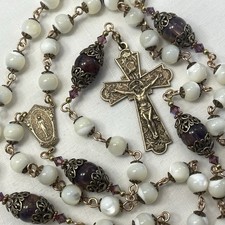 Elegant Rosary Shell Mother of Pearl Beads Solid Bronze Crucifix and Centerpiece picture