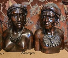 Vtg Hand Carved Wood Bust Sculpture Igorot Tribe Man & Woman Philippine 13” Tall picture
