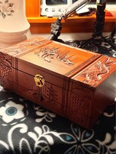 Lovely 1960's Oriental Hand Carved Wooden Jewellery Box - Dragon Design picture