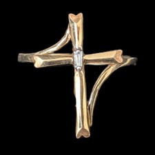 Vintage Baguette Cut Diamond 10k Yellow Gold Cross Ring Christian Religious Gift picture