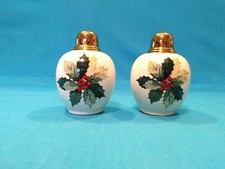 ~ Ceramic Gold Top Holly Salt and Pepper Shakers ~ Poinsettia unused Red Berries picture
