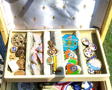 Vntg. legion, military, religious, enamlel Pins,  Clips  Assort. & Jewelry Box picture