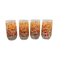 Vintage 1970s Floral Drinking Glasses Set of 4 Orange Red Green Flower Power picture