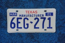 2001 Texas MANUFACTURER License Plate picture