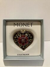 Vintage Monet Red Heart Trinket Box Flower Pill Ring Enamel Crystal Rhinestone picture