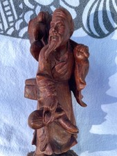 Antique Asian Hand Carved Wood Statue Man Realistic Eyes 7” picture