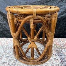 Vintage Bamboo Rattan Round Drink/Side Table Or Stool PAIR 13”x12”/16”x15” MCM picture