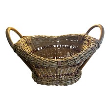 Handwoven VTG Wicker Storage Basket with two handles and wood beads & base 1970s picture