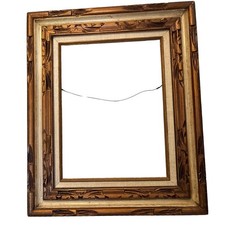 Vintage Mid Century Mexico Carved Wood Picture Frame Bronze Linen 19x23 picture