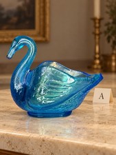 Vintage Dugan Celeste Blue Carnival Glass Swan Open Salt Dish picture