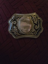 Vintage Western Silver Tone Belt Buckle Floral Scroll Abalone Cabochon 3.5