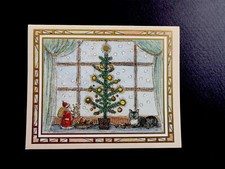 1 VTG Ursula Arndt Caspari Xmas Greeting Card Santa & Cat Kitten By Rustic Tree picture