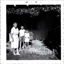 Grandmother with Grandchildren on Patio, 1962 B&W Vintage Snapshot Photo picture