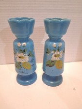 PAIR ANTIQUE BLUE ENGLISH HAND PAINTED BRISTOL GLASS MANTEL VASES FLORAL OPALINE picture