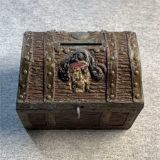 Vintage 1950s EJ Kahn Co Pirate Treasure Chest Metal Coin Bank Skull Crossbones picture