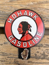 VINTAGE MOHAWK GASOLINE INDIAN CHIEF PORCELAIN GAS ADVERTISING TOPPER OIL SIGN picture