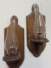 VTG Pair Colonial Wood Wall Candle Sconces Hurricane Glass Chimney Handmade Plus picture