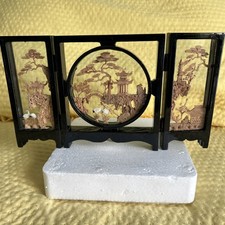 Vintage Tri-Fold Oriental Hand Carved Cork Art w/ Storks,Trees, Pagoda Diorama picture