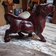 Vintage Hand Carved Solid Wood Bull Figure Rustic Farmhouse Decor, 5” Tall picture
