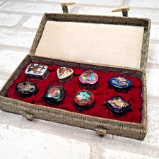 Vtg Cloisonne Chinese Enamel Mini Trinket Pill Box Set w/ Case Chinoiserie Chic picture