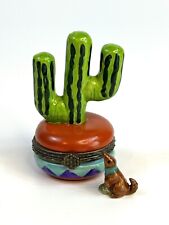 Porcelain Hinged Trinket Box Cactus With Howling Wolf Southwestern Desert picture