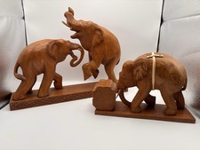 Vtg Hand Carved Teak Wood Elephant Statues Set 2 Thailand Folk Art Sculptures 7