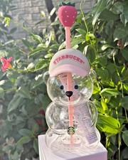NEW Starbucks Pink Bearista Glass Cold Cup 20oz 2026 Strawberry Straw Topper picture