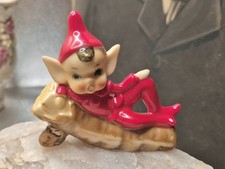 RARE Vintage MCM Pixie Miniature - Small Elf Red Suit Laying on Log JAPAN picture