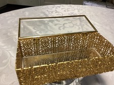 Vtg Antique French Style Filigree Beveled Glass Jewelry Casket Ring Trinket Box picture