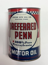 VINTAGE 1950s PREFERRED PENN CUSTER CITY OIL ONE QUART CAN SAE 20 SEALED EMPTY picture