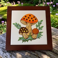 Vtg Merry Mushroom Ceramic Tile Wood Framed Trivet Wall Art Cottagecore 70s MCM picture