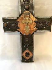 VTG Handmade Lg Wood Cross Crucifix Mexico Agate Stones Mixed Metals Signed picture