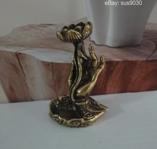 Vintage Solid Brass Hand Holding Lotus Flower Statue Incense Stick Holder picture