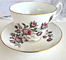 English Bone China Cup & Saucer Vintage White and Gold Pink Roses Hand Painted picture