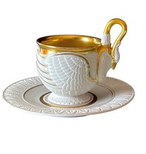 RPM Royal Porzellan Swan Cup Saucer Set German Porcelain Figural Gilt Vintage picture