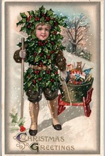 RARE~Winsch Christmas Boy in Holly Suit ~Sled~Toys~Antique Fantasy Postcard~s744 picture