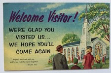 Welcome Visitor Christian Church Greeting Linen Postcard 1950s B1 picture
