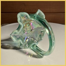 FENTON 90s Mini Basket w/embossed Bear Green Opalescent Glass *Singleton Bailey picture