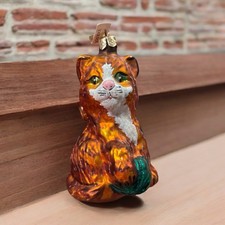 NWT Vintage Varsovia Poland Hand Blown European Christmas Cat Ornament picture