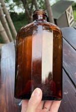 Antique Rare Octagonal Apothecary Glass Bottle Amber Glass Medicine Jar 7.25 in picture
