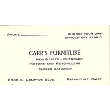 Carr's Furniture Outboard Motors Paramount CA Vintage Business Card SF3-B2 picture