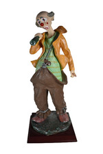 Clown Figurine Drinking Sad Herco Hobo Vintage on Solid Wood Stand Statue picture