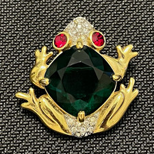 Vintage Swarovski Signed Crystal Pave Emerald Green Glass Jelly Belly Frog Pin picture