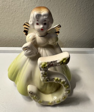 Vintage Josef’s Birthday Ceramic Angel Holding Number 5, Glossy White Green  picture