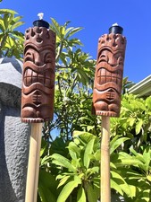 Set Of 2 Tiki Tiki Torches Flame Head Hang Loose Smokin' Tikis Hawaii Oceanic picture