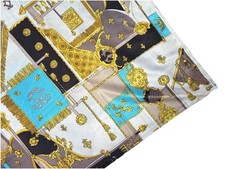 Rare Vintage Designer Print Fabric 1960s Antron Nylon Equestrian Blue Brown Gold picture