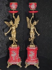 Stunning Pair Candlesticks/ French Art Nouveau Style/ Angels Holding Wreath picture
